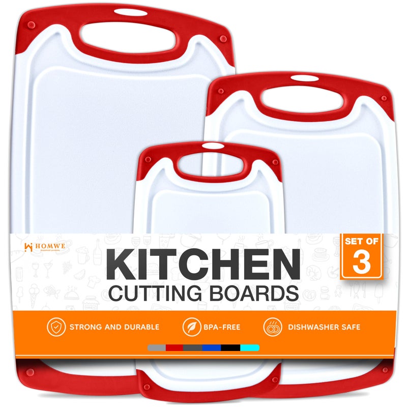 HOMWE Cutting Boards for Kitchen - BPA-Free Chopping Board - Different Sizes & Non Slip Handles - Reversible, Large Cutting Board Set - Unique Gifts for Cooks Who Have Everything - 3-Pack Red - Image 1